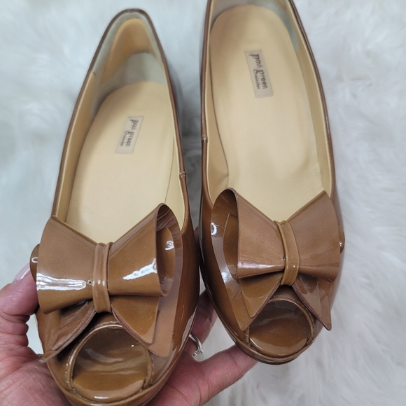 PAUL GREEN BOW OPEN TOE LUGGAGE BROWN PATENT HEEL PUMPS WOMENS SIZE 5.5 - Picture 3 of 16